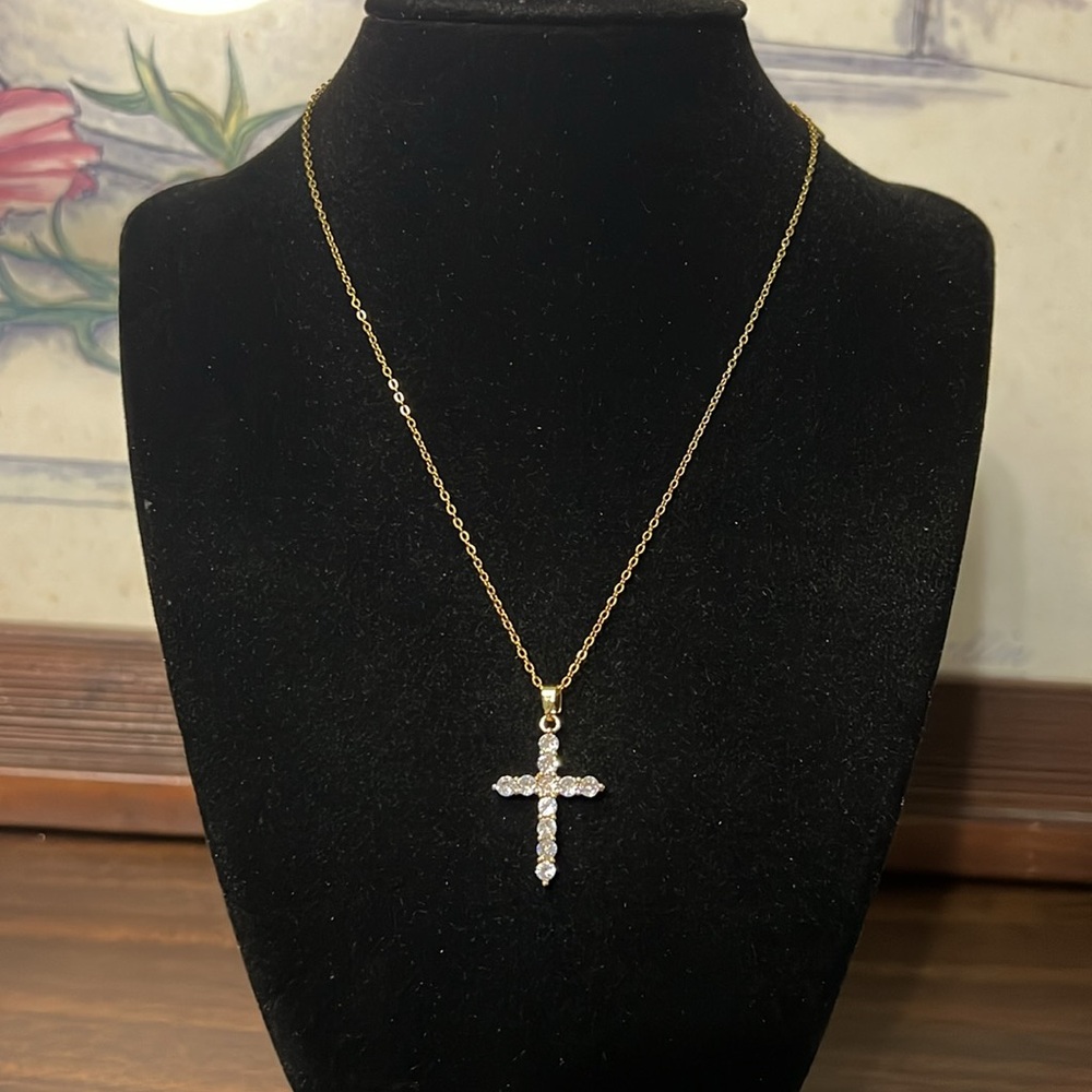 Gold plated stainless steel stone cross pendant necklace